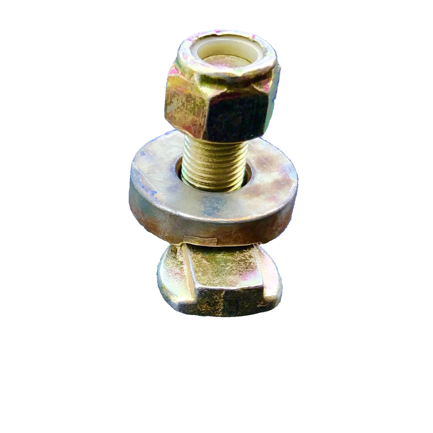 Side detail of the L-Track threaded stud fitting, washer, and double-lug base