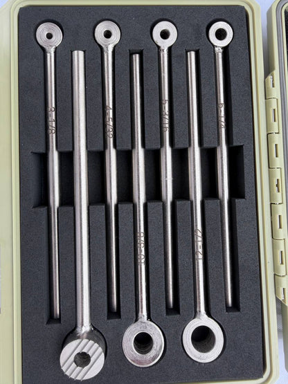 Seven Koolands RST331 low-clearance rivet nut setters arranged in a fitted storage case.
