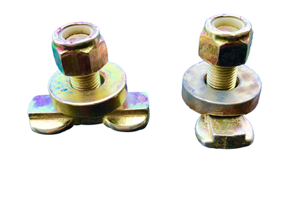 Two L-Track double-lug threaded stud fittings with nylon lock nuts